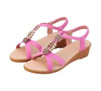 Sandalias de cuña baja para mujer, elásticas, puntera abierta, zapatos de verano bohemios con cuentas, decoración floral, calzado cómodo casual, Pink, 36.5 EU