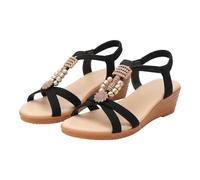 Sandalias de cuña baja para mujer, elásticas, puntera abierta, zapatos de verano bohemios con cuentas, decoración floral, calzado cómodo casual, Black, 36.5 EU