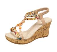 Sandalias de cuña Bohemia para mujer, Desnudo | Punta abierta, Brida Trasera Elástica, Bridas Trenzadas Impresas con Cuentas y Colgantes Decorativos en el Centro | Playa, Viajes, Vacaciones, Estilo