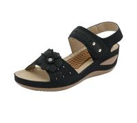 Sandalias de cuña cómodas para mujer, con apliques florales, correa de gancho y bucle, zapatos casuales de verano inspirados en la ortopedia, Black, 37 EU