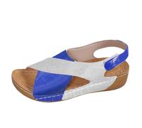 Sandalias de cuña con correa cruzada para mujer, de verano, informales, con plataforma, cómodas, con espalda abierta, con correas estampadas, para mujer, Blue, 38 EU