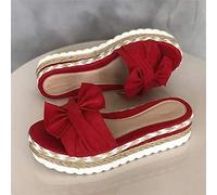 Sandalias de cuña con Plataforma de Alpargata Plana con Pajarita de Verano para Mujer Sandalias Informales Transpirables con Punta Abierta, Rojo, US4.5/EU35