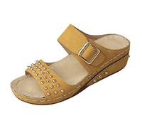 Sandalias de cuña de doble correa para mujer, con tachuelas, puntera abierta, detalle de hebilla, sin espalda, para verano, uso diario, Amarillo, 38 EU