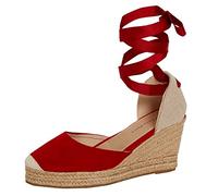 Sandalias de cuña de esparto para mujeres Sandalias de esparto de cuña para mujeres de cuña de hessian Sandalias de cuña de esparto de mujer con tiras de pierna atadas al tobillo, Rojo, 37 EU