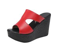 Sandalias de cuña de piel para mujer, con puntera abierta, redondas, para verano, ocio, playa, vacaciones, sandalias largas para mujer, Red, 36.5 EU