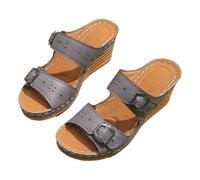 Sandalias de cuña de plataforma para mujeres, deslizamiento de 2 estribos de punta abierta en toboganes, plataforma de soporte de arco de correa de tobillo