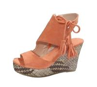 Sandalias de cuña de punta abierta para mujer con borlas en el tobillo y tacón de plataforma tejida, calzado estilo alpargata para vacaciones de verano, Orange, 38 EU