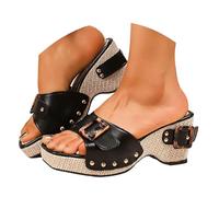Sandalias de cuña genéricas para mujer, punta de peces, con trenza, étnica, deslizantes, cómodas, ligeras, playa, informal, Le Noir, 37 EU