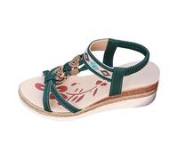 Sandalias de cuña Mujer Boheme Espartanos Desnudos Zapato Verano Abierto | Brida Tobillo Elástico, Patrón Geométrico, Colgantes, Cordones Cruzados, Suela Trenzada | Verano Playa Vacaciones Exterior
