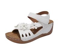 Sandalias De Cuña Mujer Desnuda Zapatos Verano | Cuero, Punta Abierta, Bridas Caladas, Brida Trasera, Flores Decorativas, Suela Plataforma, Tacón de cuña | Verano, Playa, Vacaciones, Ciudad, Caminar