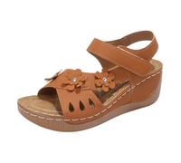 Sandalias De Cuña Mujer Desnuda Zapatos Verano | Cuero, Punta Abierta, Bridas Caladas, Brida Trasera, Flores Decorativas, Suela Plataforma, Tacón de cuña | Verano, Playa, Vacaciones, Ciudad, Caminar