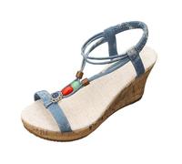 Sandalias De Cuña Mujer Estilo Bohemio | Nu-Pies Con Entre-Dedo, Bridas Cruzadas en Tobillo, Cuentas Decorativas, Plataforma Gruesa, Suela Visible | Zapatos Verano de Playa Vacaciones, 01 azul celeste