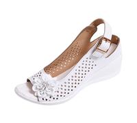 Sandalias de cuña Mujer, Sandalia De Cuero De Gran Tamaño, Zapatos De Verano Abiertos, Desnudos Cuentos, Punta Abierta Peep Toe, Brida Trasera Con Hebilla, Flor Decorativa, Perforada | Verano