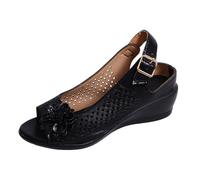 Sandalias de cuña Mujer, Sandalia De Cuero De Gran Tamaño, Zapatos De Verano Abiertos, Desnudos Cuentos, Punta Abierta Peep Toe, Brida Trasera Con Hebilla, Flor Decorativa, Perforada | Verano