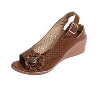 Sandalias de cuña Mujer, Sandalia De Cuero De Gran Tamaño, Zapatos De Verano Abiertos, Desnudos Cuentos, Punta Abierta Peep Toe, Brida Trasera Con Hebilla, Flor Decorativa, Perforada | Verano
