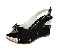 Sandalias De Cuña Mujer Zapatos Abiertos Desnudo Alpargatas | Cuero, Punta Abierta Peep Toe, Brida Trasera Con Hebilla, Nudo, Clavos, Suela De Cuña Trenzada | Verano Playa Vacaciones Ciudad Promenade