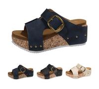 Sandalias de cuña para mujer, cómodas, con puntera abierta, zapatos casuales de plataforma para mujer, de verano, ajuste ancho, hebilla ajustable, sandalias gruesas con soporte de arco, Navy, 40.5 EU