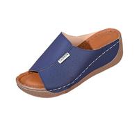 Sandalias de cuña para mujer, cómodas, de verano, puntera abierta, sin espalda, de piel sintética, con bonito estampado, versátiles zapatos de playa, sin cordones, cuñas anchas, Navy, 37 EU
