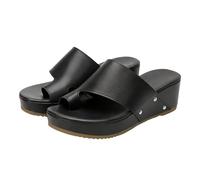 Sandalias de cuña para mujer, con anillo para los dedos, plataforma de piel sintética con detalles de tachuelas, zapatos casuales de verano para mujer, Black, 38.5 EU