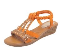 Sandalias de cuña para mujer, con diamantes de imitación, bohemias, para verano, correa trasera elástica, calzado cómodo para caminar, Orange, 40.5 EU