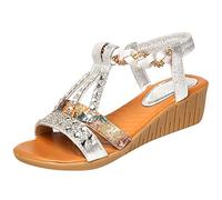 Sandalias de cuña para mujer, con plataforma, elegantes, modernas, bohemias, con diamantes de imitación, antideslizantes, para exteriores, muy cómodas, antiguas, para fiestas, novias, plata, 36 EU