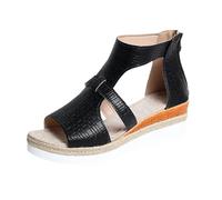 Sandalias de cuña para mujer, con tiras de cocodrilo sintético, puntera abierta, ligeras, transpirables, informales, para uso diario, Black, 38 EU
