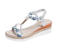 Sandalias de cuña para mujer, de piel sintética, puntera abierta, trenzadas, de verano, informales, planas, bohemias, sin cordones, a la moda, con correa elástica en el tobillo, Plateado2, 37 EU