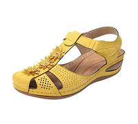 Sandalias de cuña para mujer, diseño floral, correa en T, zapatos para caminar, puntera cerrada, sandalias cómodas de verano, sandalias ajustables con gancho y bucle, ligeras, transpirables, zapatos
