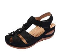 Sandalias de cuña para mujer, diseño floral, correa en T, zapatos para caminar, puntera cerrada, sandalias cómodas de verano, sandalias ajustables con gancho y bucle, ligeras, transpirables, zapatos