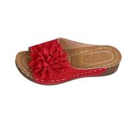 Sandalias de cuña para mujer, diseño floral, tela grande, detalle de flores, puntera abierta, plataforma deslizante, zapatos casuales de verano para la playa, Red, 37.5 EU