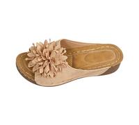 Sandalias de cuña para mujer, diseño floral, tela grande, detalle de flores, puntera abierta, plataforma deslizante, zapatos casuales de verano para la playa, beige, 39 EU