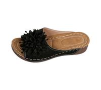 Sandalias de cuña para mujer, diseño floral, tela grande, detalle de flores, puntera abierta, plataforma deslizante, zapatos casuales de verano para la playa, Black, 40.5 EU