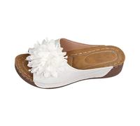 Sandalias de cuña para mujer, diseño floral, tela grande, detalle de flores, puntera abierta, plataforma deslizante, zapatos casuales de verano para la playa, White, 37 EU