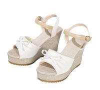 Sandalias de cuña para mujer elegante y elegante con lazo sandalia verano casual punta abierta Sandalia hebilla ajustable gran tamaño para casa piscina playa, blanco, 38 EU