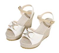 Sandalias de cuña para mujer elegante y elegante con lazo sandalia verano casual punta abierta Sandalia hebilla ajustable gran tamaño para casa piscina playa, A blanco., 38 EU
