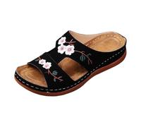 Sandalias de cuña para mujer, flores bohemias, talón, bandeja, vacaciones, zapatos de moda, verano, al aire libre, cómodas, tallas grandes, transpirables, Roma, regalo para mujer, Negro , 41 EU