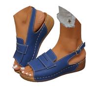Sandalias de cuña para mujer, informales, con puntera abierta, boca de pez, zapatos romanos con correa al tobillo, de piel sintética, sandalias de verano, azul oscuro, 6 UK 3X-Narrow