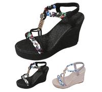 Sandalias de cuña para mujer, sandalias de tacón alto con correa elástica de ajuste ancho, ligeras, cómodas, trenzadas de verano, con cuentas, puntera abierta, con soporte de arco, Black, 37 EU