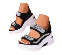 Sandalias de cuña para mujer versátiles, casuales, bajas, de moda, sandalias anchas para mujer que trabaja de pie elegante, cuero genuino con tacón bloque para ceremonia, Le Noir, 40 EU