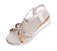 Sandalias de cuña tejidas con puntera redonda y banda elástica para mujer, sandalias de verano con tacón oblicuo y suela gruesa, beige, 41 EU
