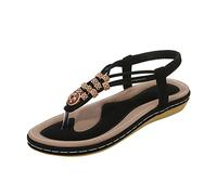 Sandalias de dedo para mujer, de verano, de cuero, cómodas, planas, antideslizantes, para mujer, de un solo color, talla grande, elásticas, para playa, Negro , 42 EU