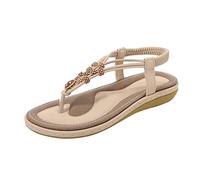 Sandalias de dedo para mujer, de verano, de cuero, cómodas, planas, antideslizantes, para mujer, de un solo color, talla grande, elásticas, para playa, beige, 41 EU