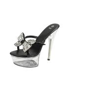 Sandalias De Diamantes De ImitacióN Sandalias de tacón alto con punta abierta y diamantes imitación for mujer, tiras cruzadas decoradas modelos finos transparentes para Vacaciones(Black 15cm,35)