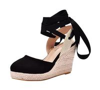 Sandalias de lona para mujer, talla 5, zapatos de cuña étnica gruesa 2025, Black, 38/36 EU