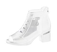 Sandalias de malla con cremallera en el tobillo para mujer, sandalias de tacón de bloque para mujer, sandalias de diseño recortado con panel de red transpirable y detalles de metal, sandalias