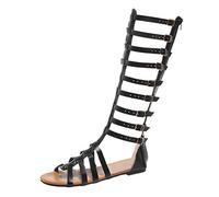 Sandalias de mujer bajas esclavas - zapatos mujer verano cerrados detrás sandalia de cuero abiertos zapatos con hebillas múltiples y correas altas a la rodilla sandalias de moda versátiles sandalias