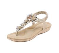 Sandalias de mujer bohemias con estrás, informales, planas, para playa, cojín suave, con plantilla, chanclas elásticas, para exteriores, vacaciones, ocio y uso diario, caqui, 40 EU