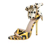 Sandalias de Mujer con Lazos de Tobillo en pañuelo a Rayas y Lunares Negro y Amarillo, Tacones Aguja de 11 cm, Zapatos Elegantes para Bodas y Fiestas,Amarillo,36 EU