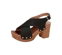 Sandalias de mujer con tacón cerrado frontera de tamaño grande correa de tacón grueso sandalias casuales sandalias de mujer zapatos brillo, Negro , 36 EU