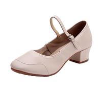 Sandalias de mujer con tacón de bloque charol bailarinas de tacón bajo sandalias con hebilla zapatos cerrados Mary Jane punta redonda zapatos de baile sandalias de mujer, Blanco, 41 EU